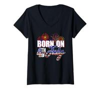 Femme Né Le 4 Juillet 4 Juillet Anniversaire Patriotique T-Shirt avec Col en V