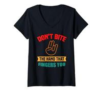 Femme Ne mords Pas la Main Qui Te Fait des Doigts T-Shirt avec Col en V