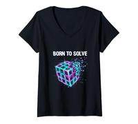 Femme Né pour résoudre Puzzle Cube Glitch Speed Cuber Logic T-Shirt avec Col en V
