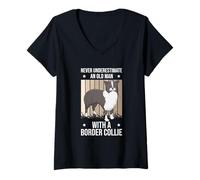 Femme Ne sous-Estimez jamais Un Vieil Homme avec Un Chien Border Collie T-Shirt avec Col en V