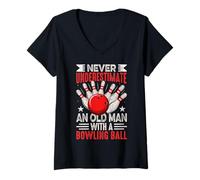 Femme Ne sous-Estimez jamais Un Vieil Homme avec Une Boule de Bowling T-Shirt avec Col en V