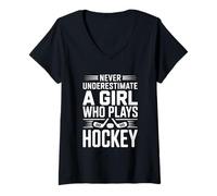 Femme Ne sous-Estimez jamais Une Fille Qui Joue la Passion du Hockey T-Shirt avec Col en V