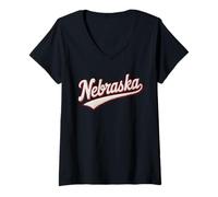 Femme Nebraska Chenille Script State Pride Design T-Shirt avec Col en V