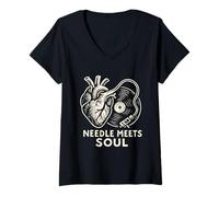 Femme Needle Meets Soul - Motif de Disque Vinyle - pour Amateur de Musique T-Shirt avec Col en V