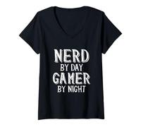 Femme Nerd by Day Gamer by Night Esports Science Jeu vidéo Nerd T-Shirt avec Col en V