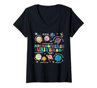 Femme Neurodiverse Universe Space Planet Autisme Enseignant de Sensibilisation à l'Autisme T-Shirt avec Col en V