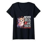 Femme Never Argue with A Short Girl Who Has an 'A', Cute Owl Design T-Shirt avec Col en V