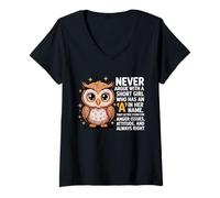 Femme Never Argue with A Short Girl Who Has an 'A', Cute Owl Design T-Shirt avec Col en V