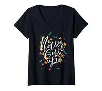 Femme Never Ever Give Up Tee Shirt, Cool Novelty Quotes Graphic T-Shirt avec Col en V