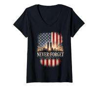 Femme Never Forget 11 Septembre 2001 Memorial Day Drapeau américain T-Shirt avec Col en V