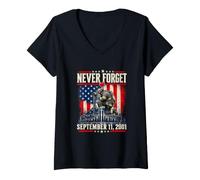 Femme Never Forget 11 Septembre 2001 Memorial Day Drapeau USA T-Shirt avec Col en V