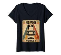 Femme Never Forget Retro Tech Bande Cassette VHS pour Disquette T-Shirt avec Col en V