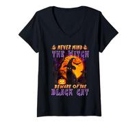 Femme Never Mind The Witch Beware of Black Cat Halloween T-Shirt avec Col en V