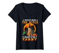 Femme Never Mind The Witch Méfiez-Vous du Chat tigré Halloween T-Shirt avec Col en V