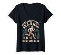 Femme Never Underestimate an Old Man Who Runs Like Hell - T-Shirt avec Col en V