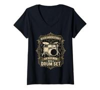 Femme Never Underestimate an Old Man with A Drum Set Drummer T-Shirt avec Col en V