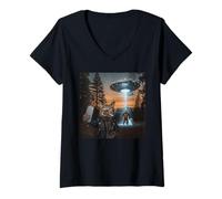 Femme New Meme Cat and Cigarette, Grunge Cat Selfie UFO Bigfoot T-Shirt avec Col en V