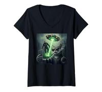 Femme New Meme Cat and Cigarette, Grunge Cat Selfie UFO Bigfoot T-Shirt avec Col en V