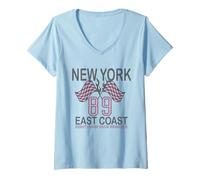 Femme New York 89 East Coast Race Weekend Checkered Flag T-Shirt avec Col en V