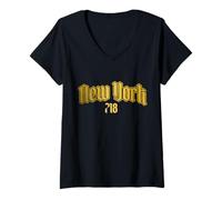 Femme New York City 718 Code régional Old School NYC Bronx Brooklyn T-Shirt avec Col en V