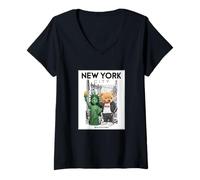 Femme New York City Baby Statue of Liberty Skyline Sketch Cartoon T-Shirt avec Col en V