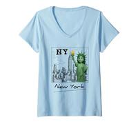 Femme New York City Baby Statue of Liberty Skyline Sketch Cartoon T-Shirt avec Col en V