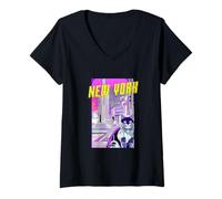 Femme New York City Chat Rétro Anime Paysage Urbain New York USA T-Shirt avec Col en V