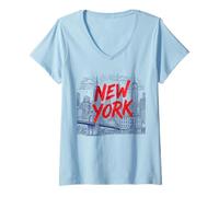 Femme New York City Skyline Sketch Graphi avec Texte Pinceau Rouge Gras T-Shirt avec Col en V