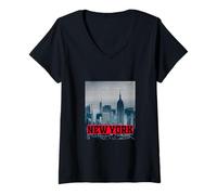 Femme New York City Skyline T-Shirt, New York Illustration Graphic T-Shirt avec Col en V