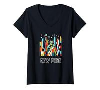 Femme New York City Skylines NYC Statue of Liberty Cubism Art T-Shirt avec Col en V
