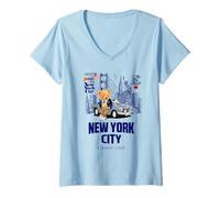 Femme New York City Teddy Bear Illustration Graphic Design T-Shirt avec Col en V