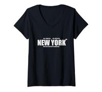 Femme New York City - USA avec coordonnées et Petit Drapeau T-Shirt avec Col en V