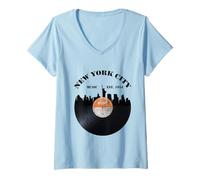 Femme New York City Vintage Phonograph Vinyl Record Music Old Disc T-Shirt avec Col en V
