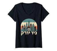Femme New York en hébreu étoile de David juif Horizon de New York T-Shirt avec Col en V