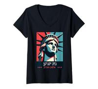 Femme New York, États-Unis en hébreu Retro Statue de la Liberté T-Shirt avec Col en V
