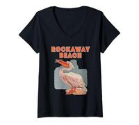Femme New York Rockaway Beach Pican rétro Vacances avec Poisson T-Shirt avec Col en V