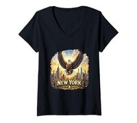 Femme New York Skyline Eagle Empire State T-Shirt avec Col en V