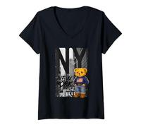 Femme New York Teddy Bear Street Art Design - NY City Urban Bear T-Shirt avec Col en V