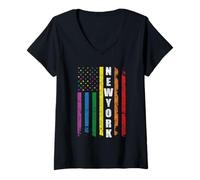 Femme New York Us American Flag Rainbow Gay LGBT Pride Month T-Shirt avec Col en V