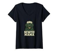 Femme Newfie Mama Newfoundland Chien Lover Hiver Neige Grand Peluche T-Shirt avec Col en V