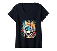 Femme Newport OC Beach Planche de Surf Home of The Wedge Art T-Shirt avec Col en V