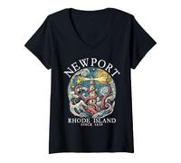 Femme Newport Rhode Island Phare de Pieuvre 1639 Lettres Blanches T-Shirt avec Col en V