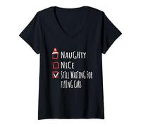 Femme Nice Naughty Still Waiting for Flying Cars Shirt Xmas T-Shirt avec Col en V