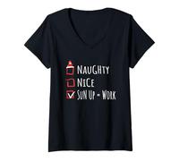 Femme Nice Naughty Sun Up=Work Christmas List Shirt Ferme T-Shirt avec Col en V