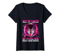 Femme Nice Try Cancer But I'm Still Here Breast Cancer Wolf T-Shirt avec Col en V