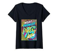 Femme Night Prowler Panneau de Bande dessinée rétro Motif Chat masqué T-Shirt avec Col en V