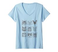 Femme Nine Cat Faces Dessiné à la Main Croquis Art Feline Lover T-Shirt avec Col en V