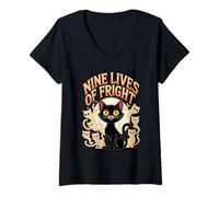 Femme Nine Lives of Fright Funny Cat Ghost Halloween T-Shirt avec Col en V