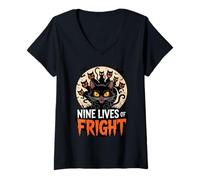 Femme Nine Lives of Fright Funny Halloween Cat T-Shirt avec Col en V