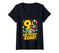 Femme Nine-Osauric Roar 9e Anniversaire Dinosaure T-Shirt avec Col en V